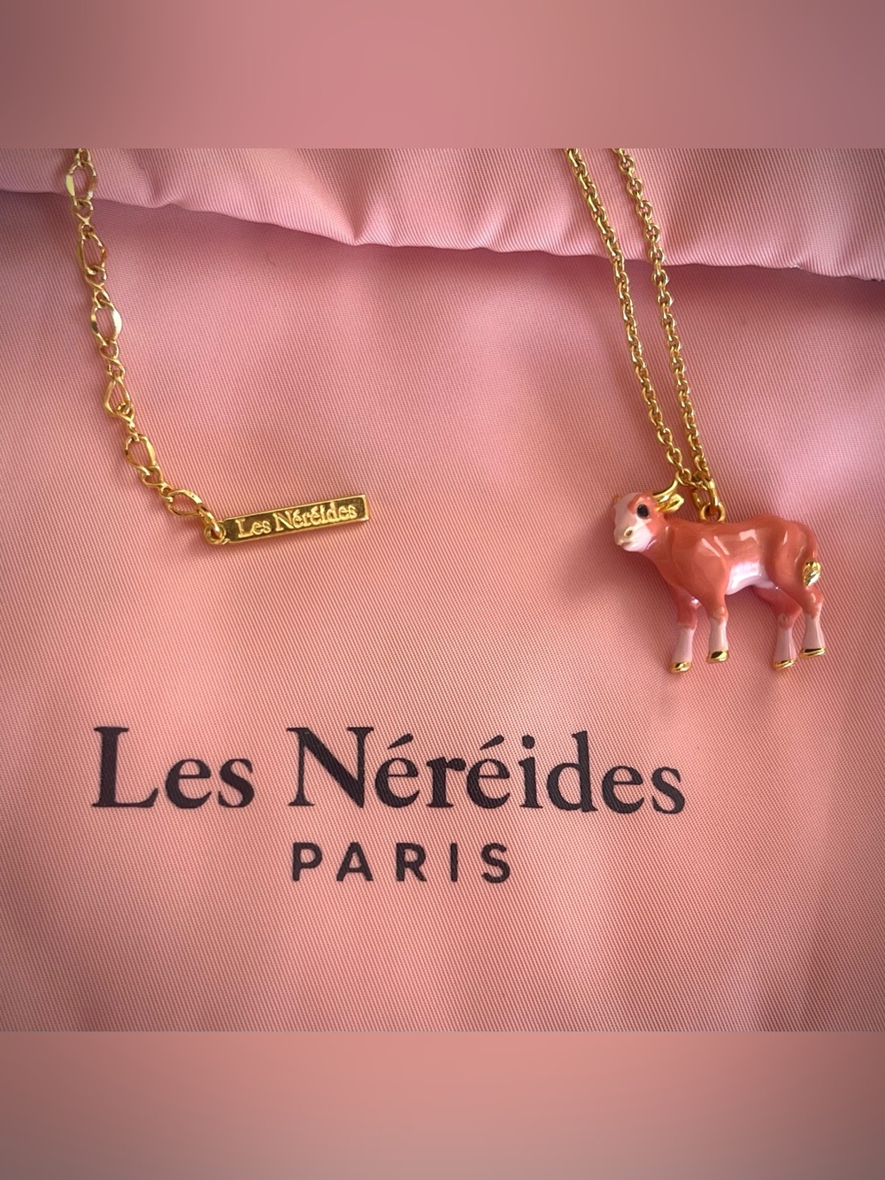 🐄 Les Néréides Paris Pink Cow Charm Necklace Rare Enamel Animal Pendant